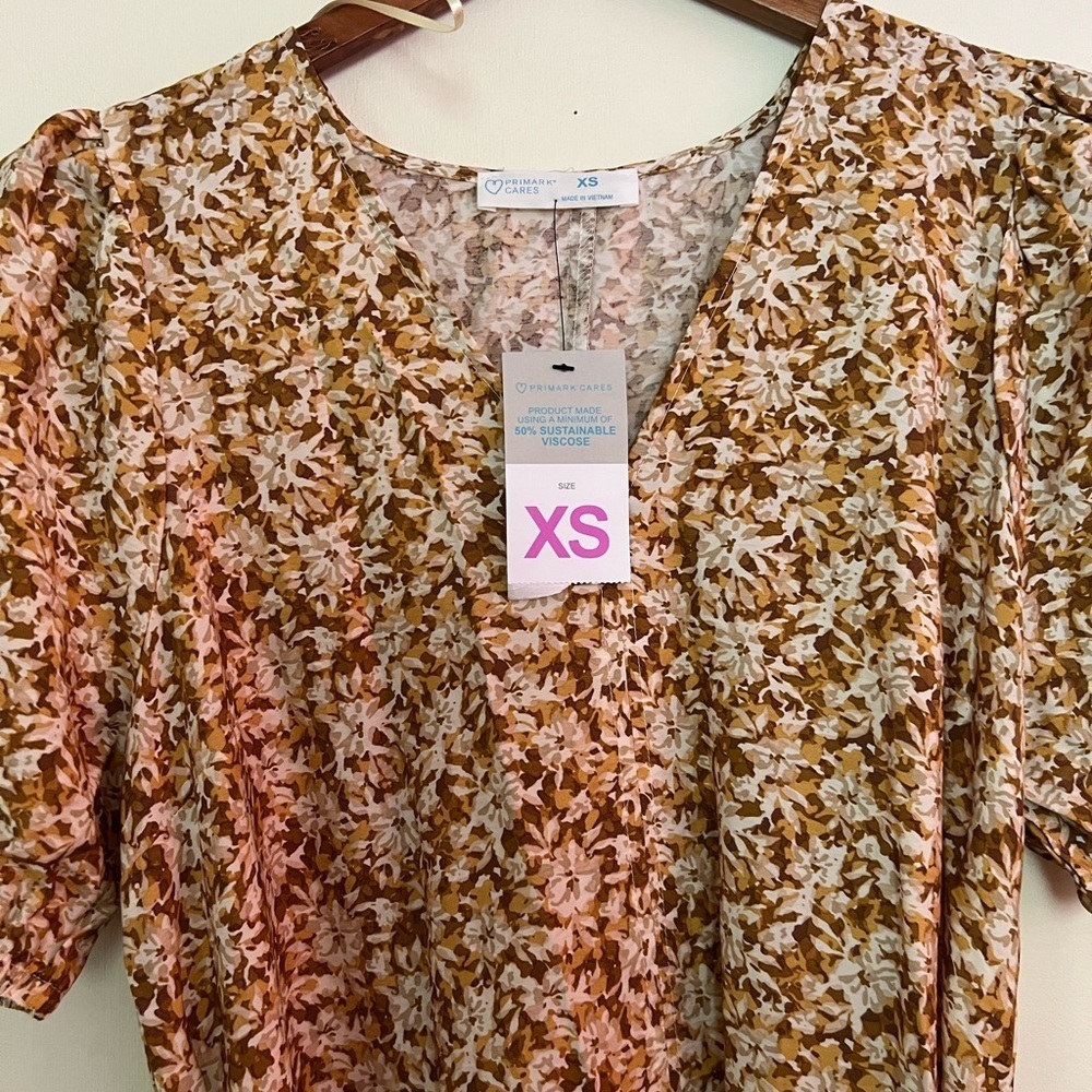 🛍️ Primark Cares Women Floral Tan Midi Dress XS Boho Cottagecore Indie Casual - Picture 7 of 16